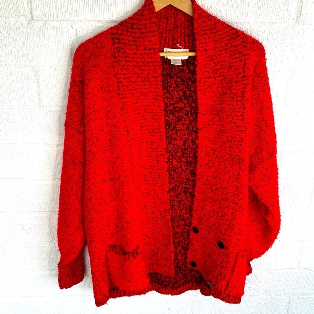 Side Effects Acrylic Vintage Red Open Front Red Knit Cardigan Sweater sz L